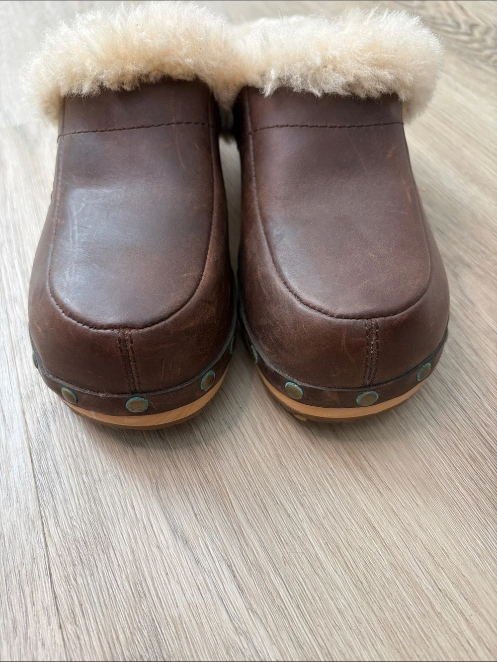 UGG Australia Kalie Brown Leather Shearling Lined Wooden Clogs Size 7 cozy warm - Picture 4 of 10